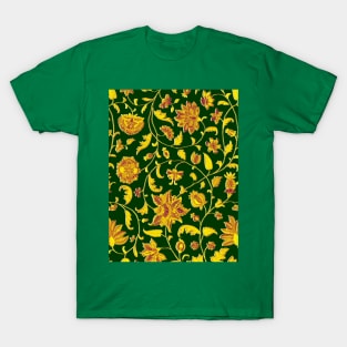 GREEN GOLD YELLOW GREEN POMEGRANATES ,POMEGRANATE FLOWERS, LEAVES Oriental Floral Swirls T-Shirt